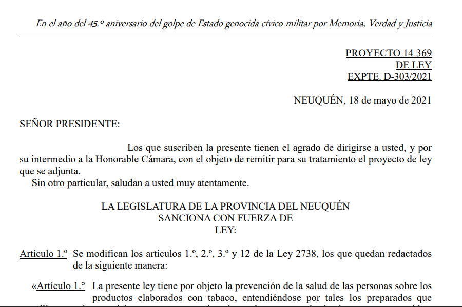Carta enviada a Legisladores Neuquinos por PROYECTO 303-D-2021 DE MODIFICACION LEY 2538/2010