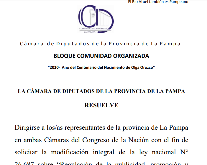 Carta enviada a Diputados/as provinciales de La Pampa y representantes de la misma en ambas Cámaras del Congreso de la Nación.
